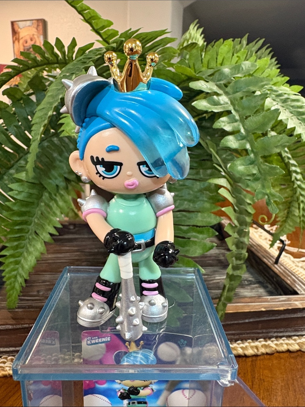 Kween of game day Bright Blue-Haired Doll with Gold Crown and Mint Outfit